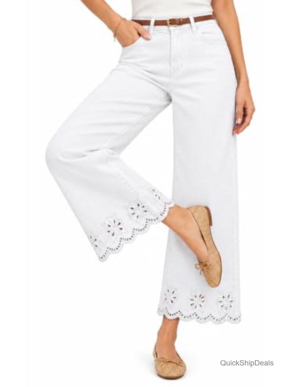 High Rise Stretch Cropped Jeans Embroidered Scalloped Hem